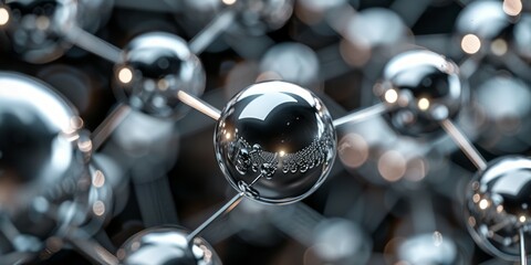 A close-up shot of a network of metallic spheres connected by rods, creating an abstract and futuristic visual