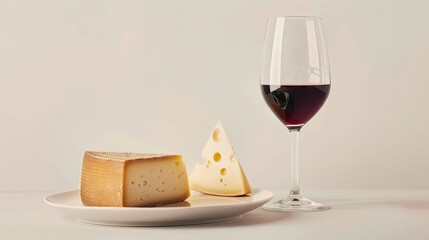 A glass of red wine and a plate of cheese, set against a minimal white backdrop, ideal for elegant and sophisticated advertising