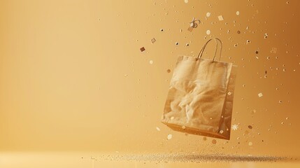 Wall Mural - Casual accessories and shopping bag falling on beige background, including sunglasses, shoes, lipstick.