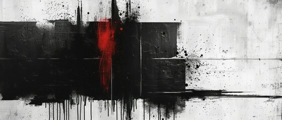 Wall Mural - Abstract painting with black and red paint splatters on a white wall