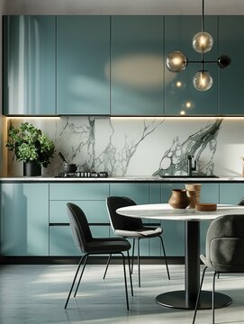 Light blue cabinet sink, modern and stylish apartment home kitchen interior