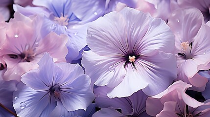 Soft white petunia petals delicately sprinkled on a solid lavender background, creating a calming and serene effect