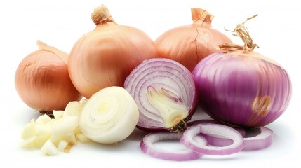 Wall Mural - Whole onions, halved onions, and onion slices placed together on a white background, showcasing their versatility.