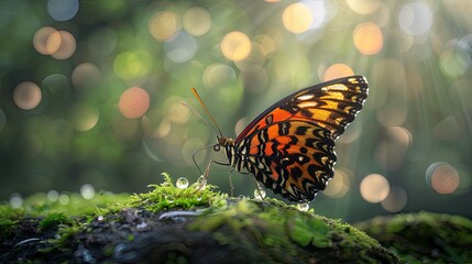 Wall Mural - Butterfly on mossy rock, drinking droplets, with muted forest bokeh backdrop and sunlight on wings.