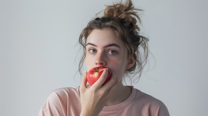 Wall Mural - The woman eating apple