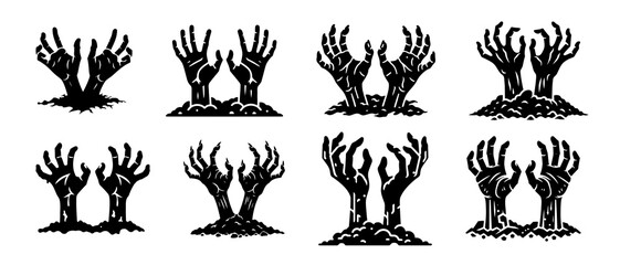 Wall Mural - Zombie hand silhouette black filled vector Illustration icon. Collection of halloween silhouettes decorations icon and character. Witch, vampire, demon, creepy and spooky elements. 