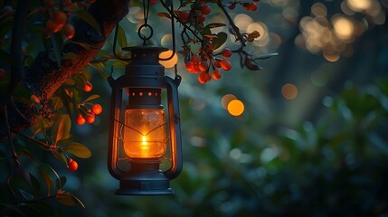 A close-up of an old, rustic lantern hanging from a tree branch, softly illuminated by evening light in a serene garden setting.
