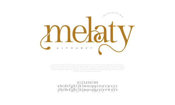 Melaty premium luxury elegant alphabet letters and numbers. Vintage wedding typography classic serif font decorative vintage retro. creative vector illustration