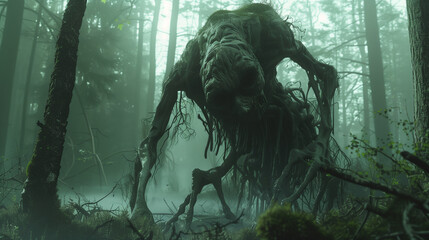 Wall Mural - gothic creepy fantasy tree monster in dark foggy forest