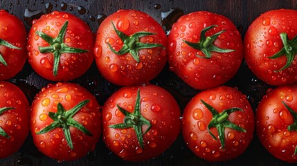 Overhead Shot of Tomatoes with visible Water Drops 