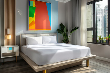 Wall Mural - A modern hotel single bedroom with a sleek platform bed, crisp white linens, a minimalist nightstand, a large window, and vibrant abstract artwork on the wall.