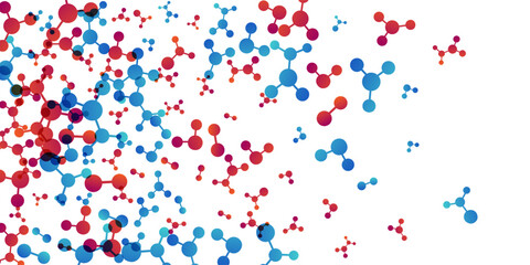 Vertical border with molecules, data or other tech structure elements. Pharmacy, biotechnology or chemistry design concept. Vector decoration element in red and blue colors