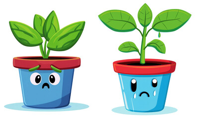 Wall Mural - sad comic plant in blue pot, isolated on white or transparent png