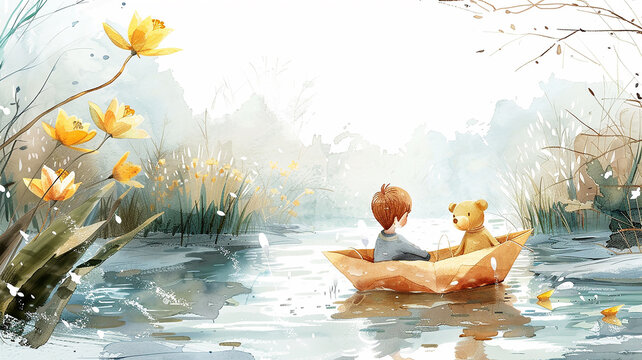 A boy with a toy bear floats on a paper boat on the river in early spring, a children's drawing in watercolor paints;