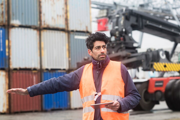 Wall Mural - Man with tablet wearing reflective vest at container port