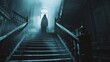© yailek - A dark figure stands at the top of the stairs, its face obscured by a hood. The figure is surrounded by a mist, and the only light comes from a single window.