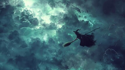 A mystical witch flying on a broomstick through a stormy night sky with dramatic clouds and lightning.