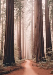 Sticker - A path through a forest of redwood sequoia trees outdoors woodland nature.