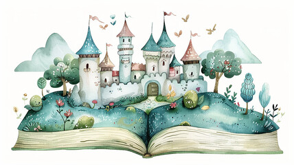 Wall Mural - An open magic fairy tale book with a castle