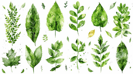 Wall Mural - A selection of variations of green leaves on a white background, the concept of spring and summer foliage