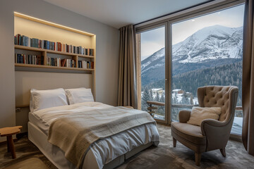 Wall Mural - A serene hotel single bedroom with neutral tones, a plush single bed, a reading nook with a comfortable chair, and a large window offering a mountain view.