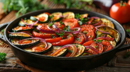 Wall Mural - A Cast Iron Skillet Filled With Freshly Baked Ratatouille