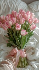 Wall Mural - Pink Tulip Bouquet on White Bed Sheets in a Bedroom