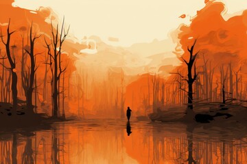 Poster - Solitary figure stands before a serene forest lake reflecting the fiery hues of autumn trees