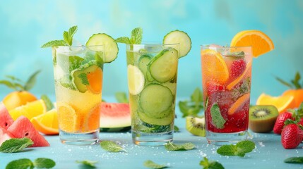 AI generated illustration of glasses with assorted beverages, on a blue background