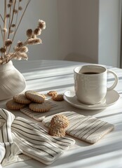 Poster - Striped Coffee Mug and Cookies on a White Tabletop With a View of a Winter Landscape