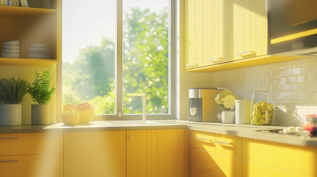Close-up of home kitchen interior with yellow cabinet sink and window.