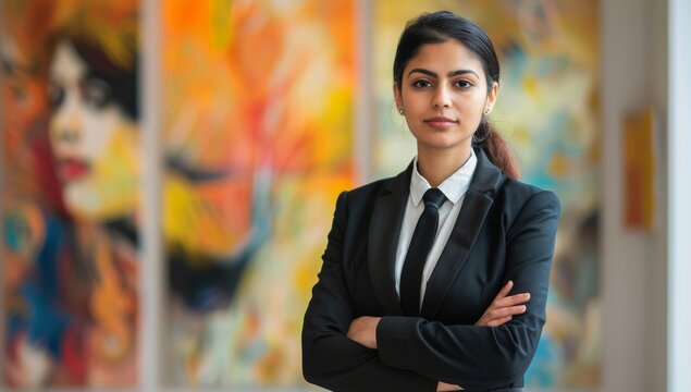 Attractive Indian woman in her late thirties, wearing a black suit and tie standing with her arms crossed looking at the camera. long hair tied back. The background is colorful modern art gallery.