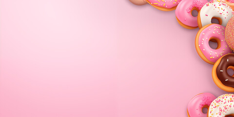 Wall Mural - Donuts in the corner with roze pink white chocolate glaze, sprinkles, pastel background, banner copy space