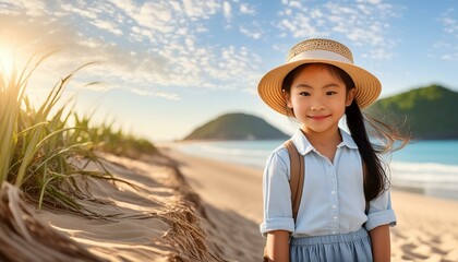 Wall Mural - portrait of a woman on the beach, portrait of a girl in sunglasses, child sitting on the beach, portrait of a little child, Adorable little girl at beach during summer vacation