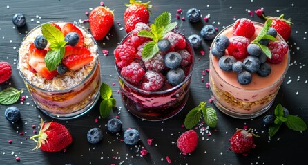 Three Glass Bowls Filled With Creamy Dessert Topped With Fresh Berries and Mint