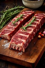 Wall Mural - Raw lamp ribs with rosemary on wooden cutting board