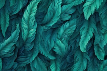 Seamless pattern of layered teal feathers creating a vibrant textured background