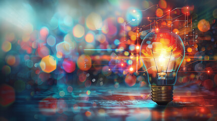 Close-up of a glowing light bulb with vibrant bursts of colors symbolizing creativity and innovation. 