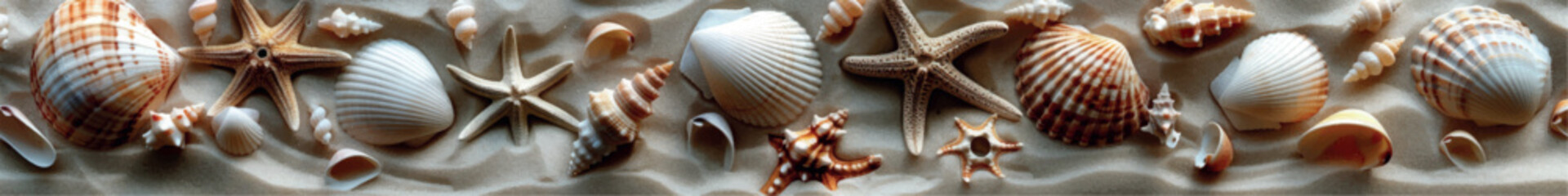 Sea background made of shells on sand and sea foam. 3D wallpaper seashells banner. Photo of beautiful star seashells. Sea paradise background. Banner, template for summer tours at sea.