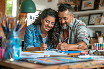 a Hispanic couple working on a creative project together at home, with art supplies and drawings