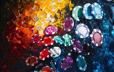 Wall Mural - Create an art piece featuring vibrant poker chips of varying colors, arranged intricately against a dark, futuristic background