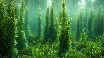 Sunbeams illuminate a lush underwater forest of aquatic plants.