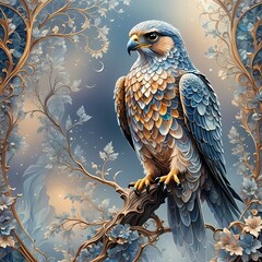 Canvas Print - a painting shows an eagle perched on a branch in the middle of a forest