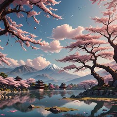 Wall Mural - an oriental landscape with flowers and water in the foreground