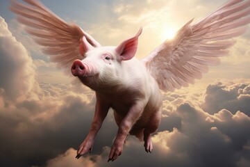 Poster - Surreal image of a pig with large wings soaring through a dramatic cloudy sunset sky