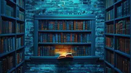 Wall Mural - Close up of bookshelfs, thick book on it with glow highlights