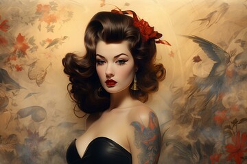 Wall Mural - Digital illustration of a woman with vintage hairstyle and tattoo, evoking fall romance