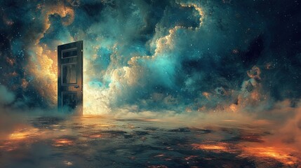 Abstract art of mystical open door in dreams leading to an unknown world, surrealism or fantasy world concept background 