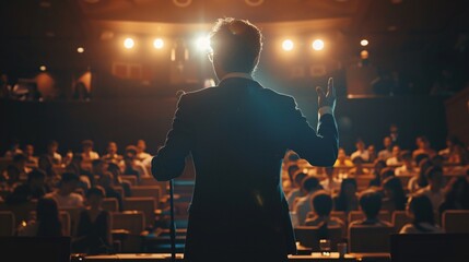 A charismatic leader addressing their team in a spacious conference room, sharing the company's vision and goals, motivating employees with inspiring words and a clear strategic direction for the