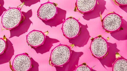 Wall Mural - A vibrant flat lay of juicy dragon fruit halves arranged on a pink background. Sunlight casts shadows, creating a playful pattern